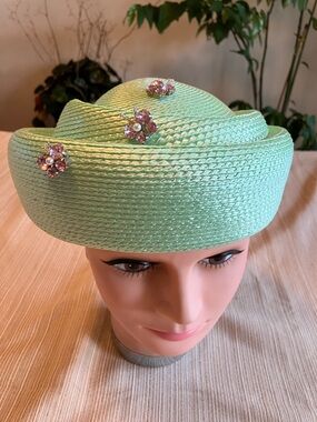 Mint Pillbox Hat with Pink Crystal Butterfly Accents